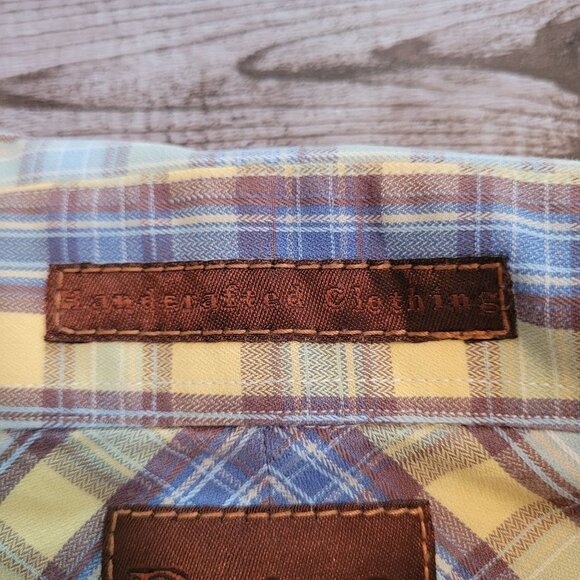 BORN cotton Yellow blue Purple grid plaid Collared button up Mens size XL - Picture 5 of 8